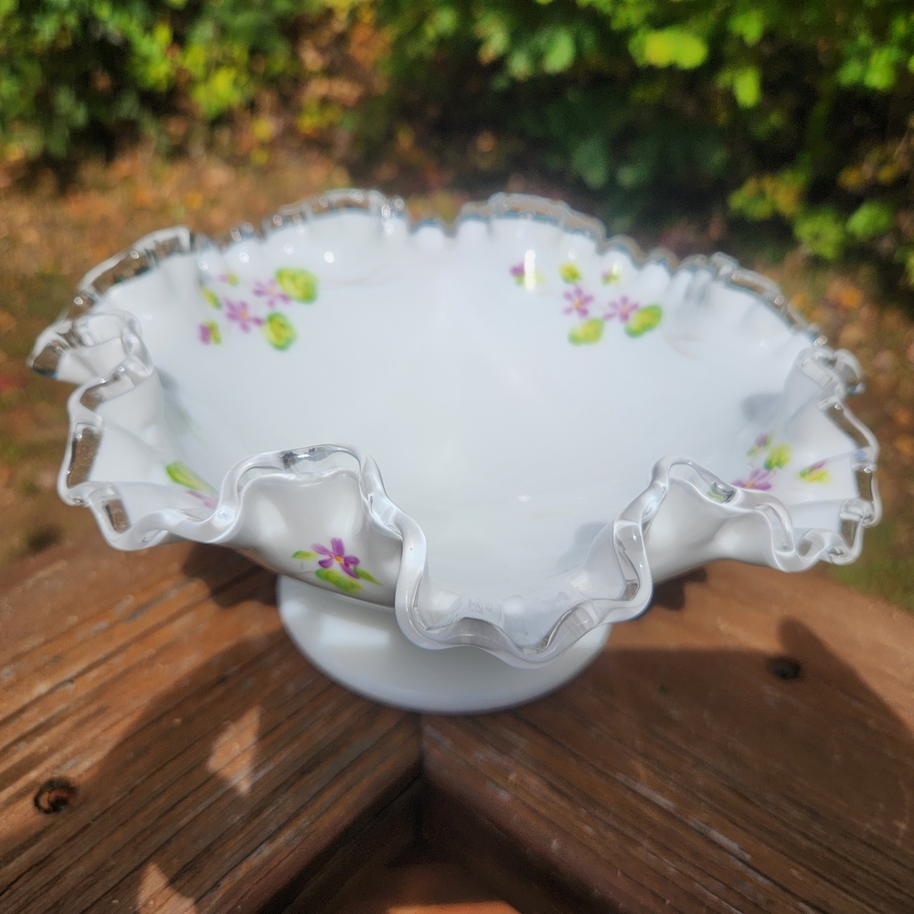 Vintage Fenton Silver Crest "Violets In The Snow" Console Bowl Signed By Artist
